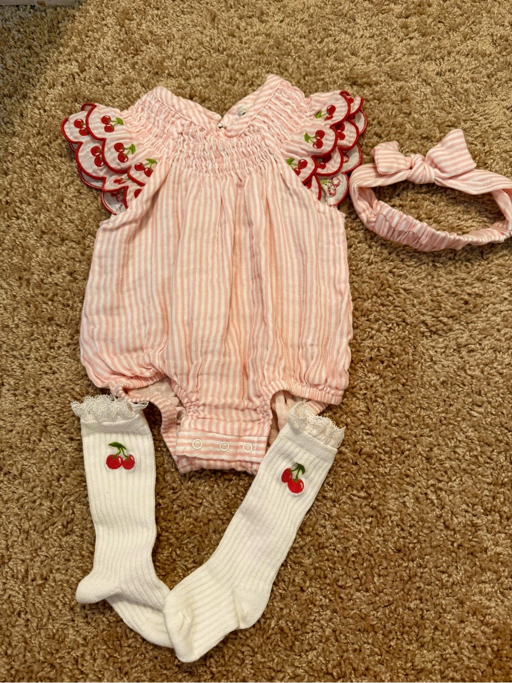 Rachel Zoe Pink Striped Cherry-Accent Baby One-Piece Romper NWOT 6-9 Months